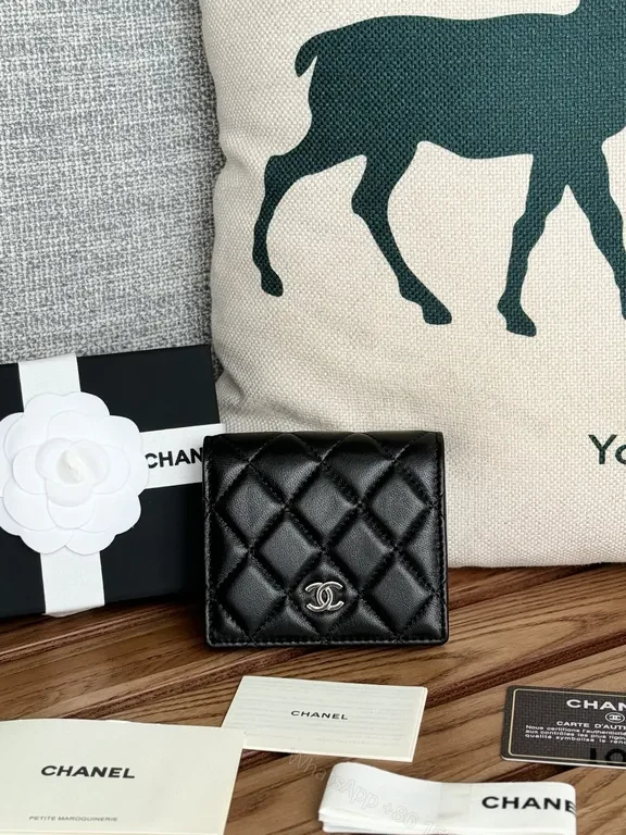 Black + Calfskin + Quilted + Interlocking CC hardware + Wallet — view 1