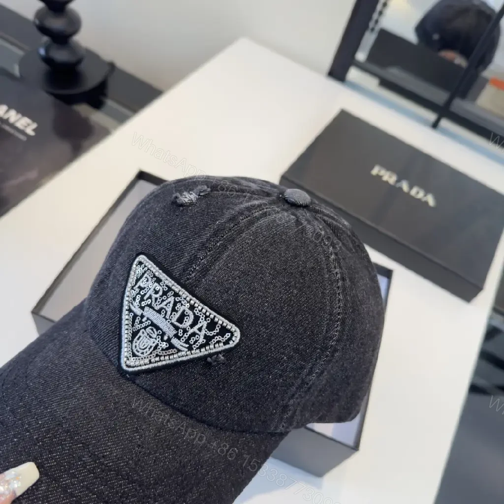 View 2 of Dark Denim Cap - Distressed, Rhinestone Prada Patch, Casual Baseball Cap
