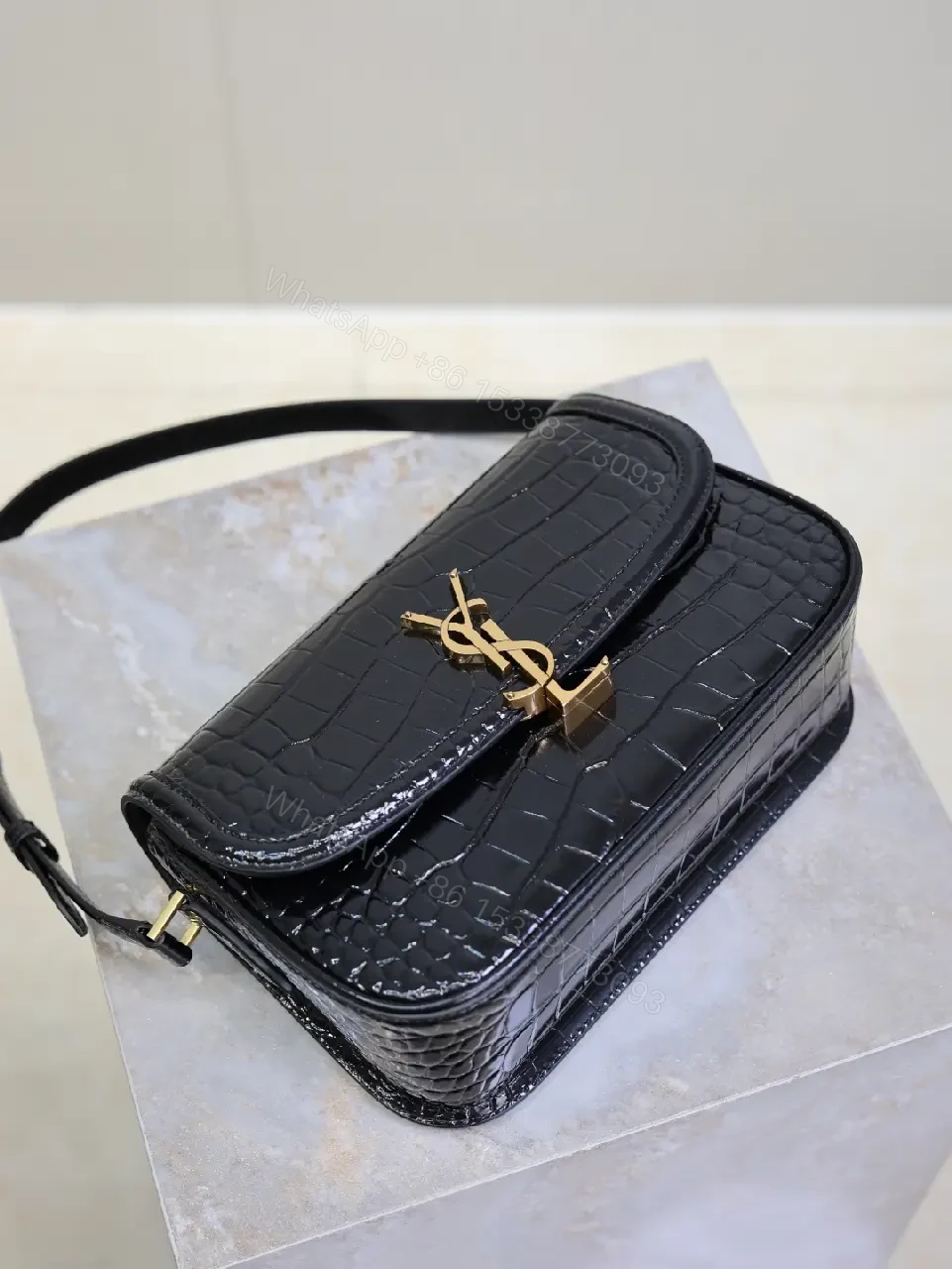 View 8 of Crocodile-Texture Leather Shoulder Bag with Gold Hardware