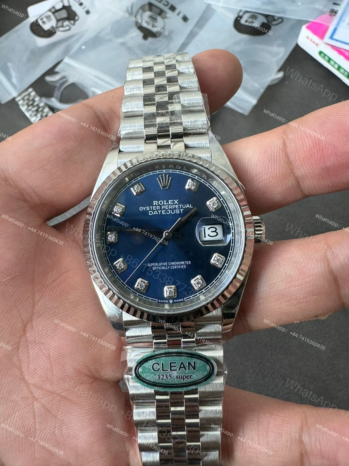 View 3 of Rolex Datejust M126234-0037 Blue Diamond Dial 1:1 Replica Jubilee 36MM 3235 Movement Super Clone Watch
