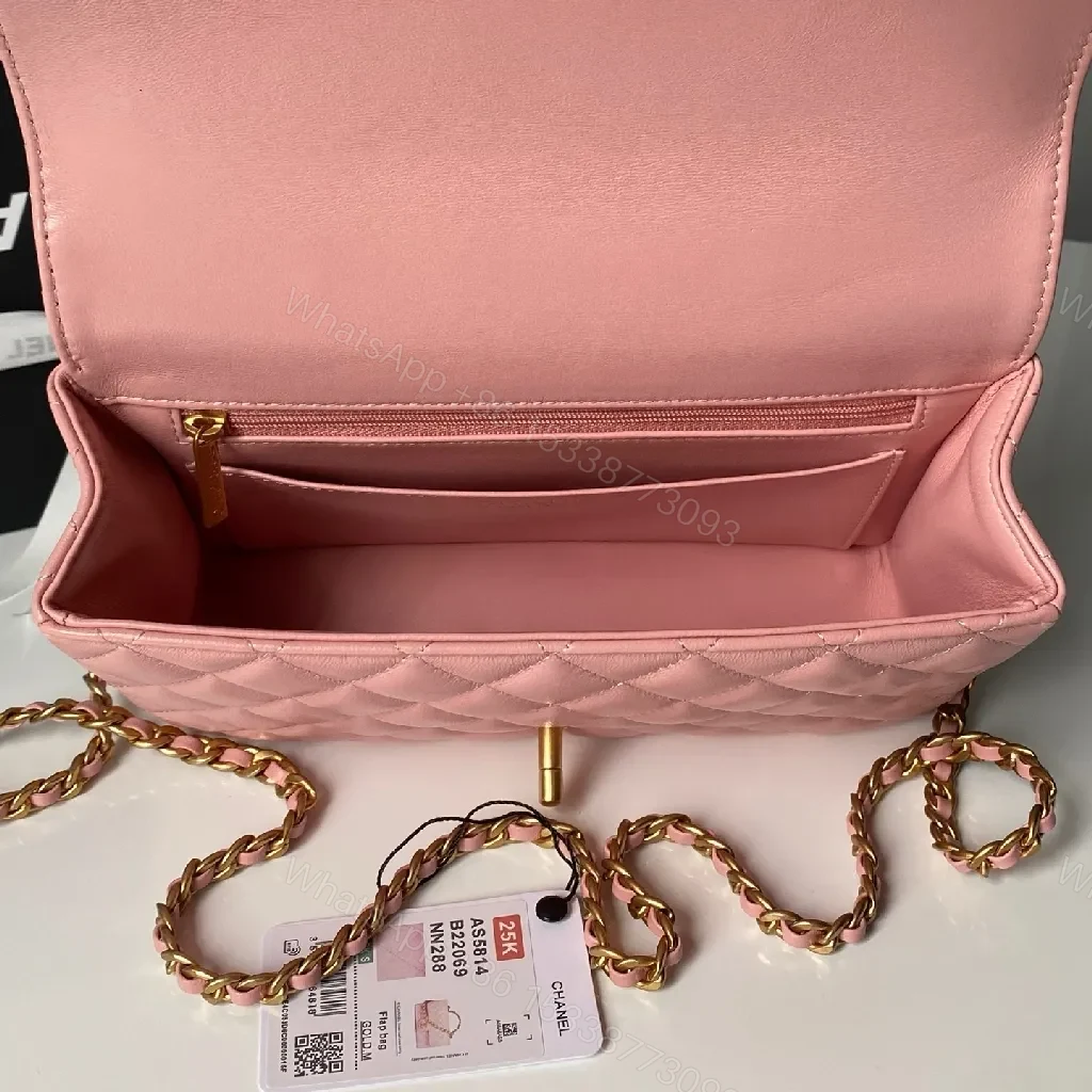 View 8 of Pink Quilted Flap Bag with Gold Chain - Luxury Crossbody Bag