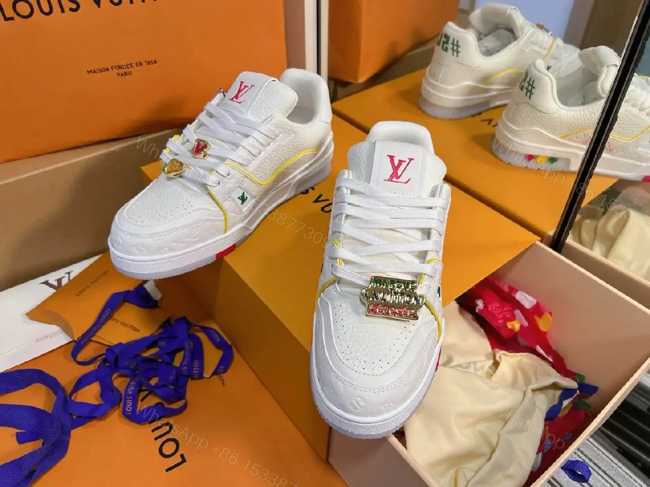 View 9 of Bright Neon Accents Premium White Leather High-Tops