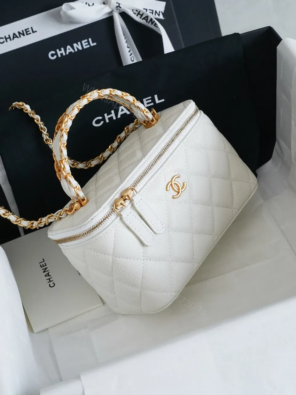 View 8 of White Quilted Mini Bag with Gold Chain