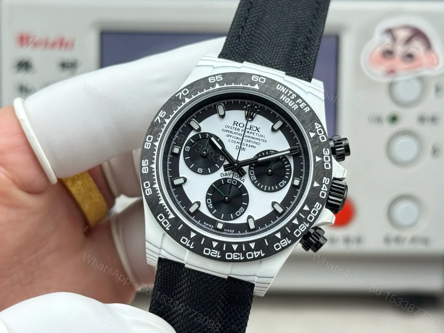 View 3 of Rolex Daytona Carbon Fiber Silver Panda Replica 40MM Premium Black Fabric Strap RG-ROLEX-DAYTONA-SILVER-PANDA