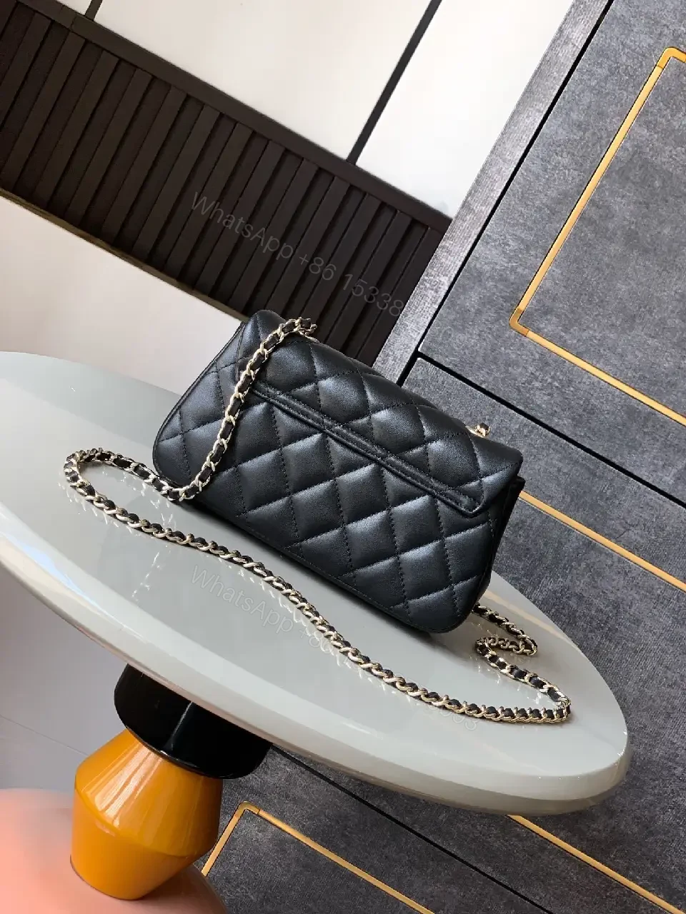 View 8 of Quilted Calfskin Leather Shoulder Bag with Gold Chain