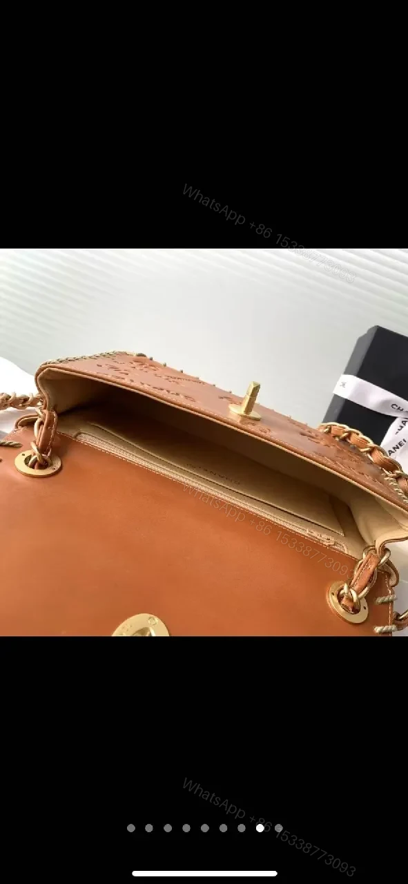 View 9 of Textured Leather Flap Bag with Gold Clasp, Whipstitch Accent, Crossbody Style