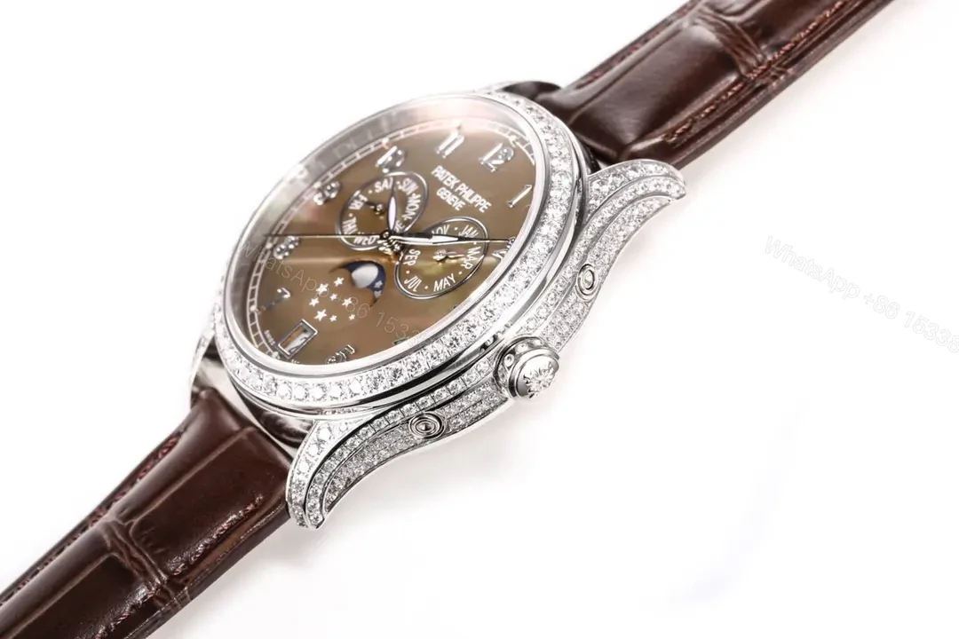 View 5 of Patek Philippe Complications Collection Annual Calendar Moon Phase Ladies’ Watch in Rose Gold/Silver with Diamond Set Case Brown Leather Strap