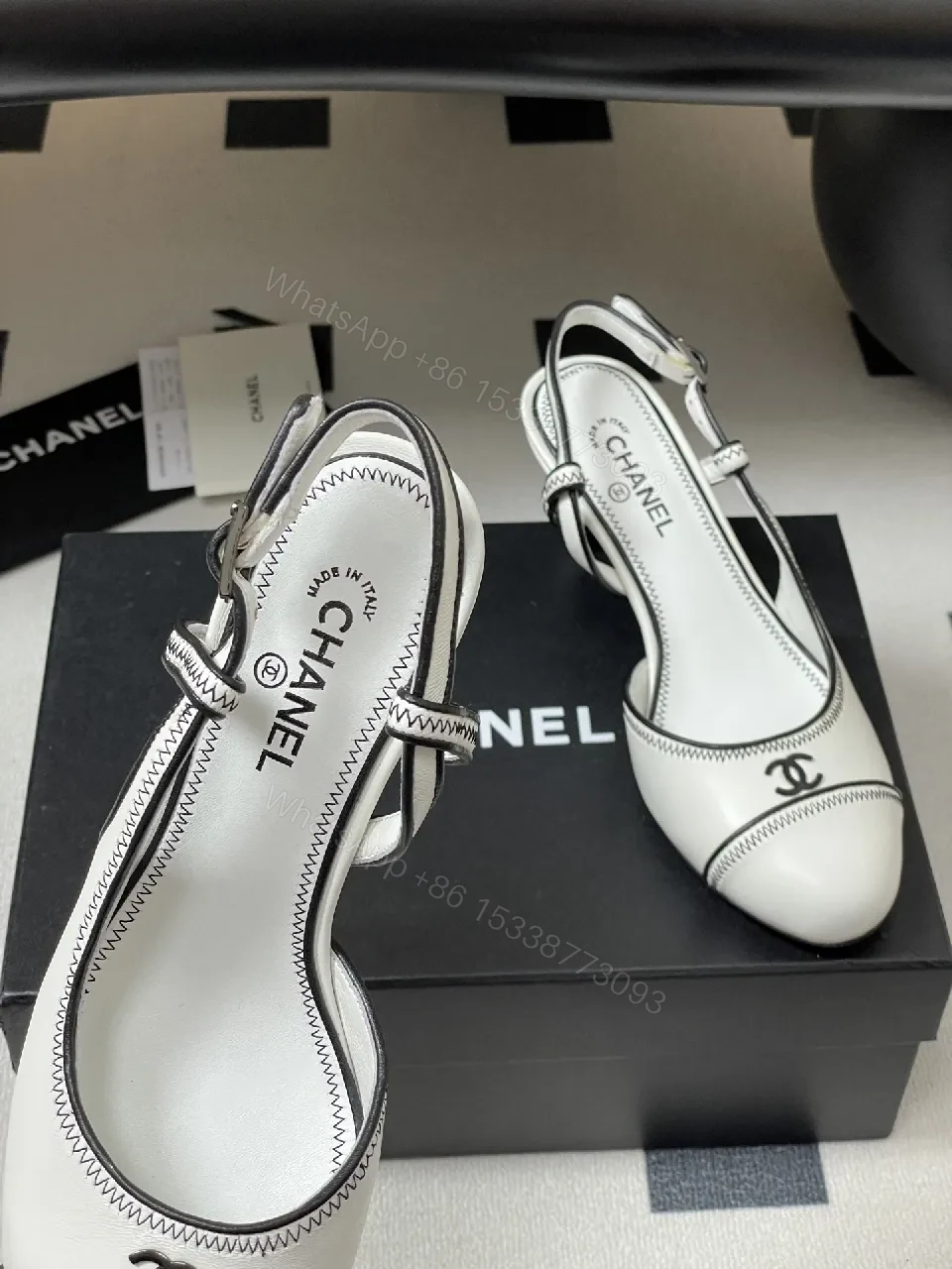 View 5 of White Leather Slingback Pumps with Contrast Stitching