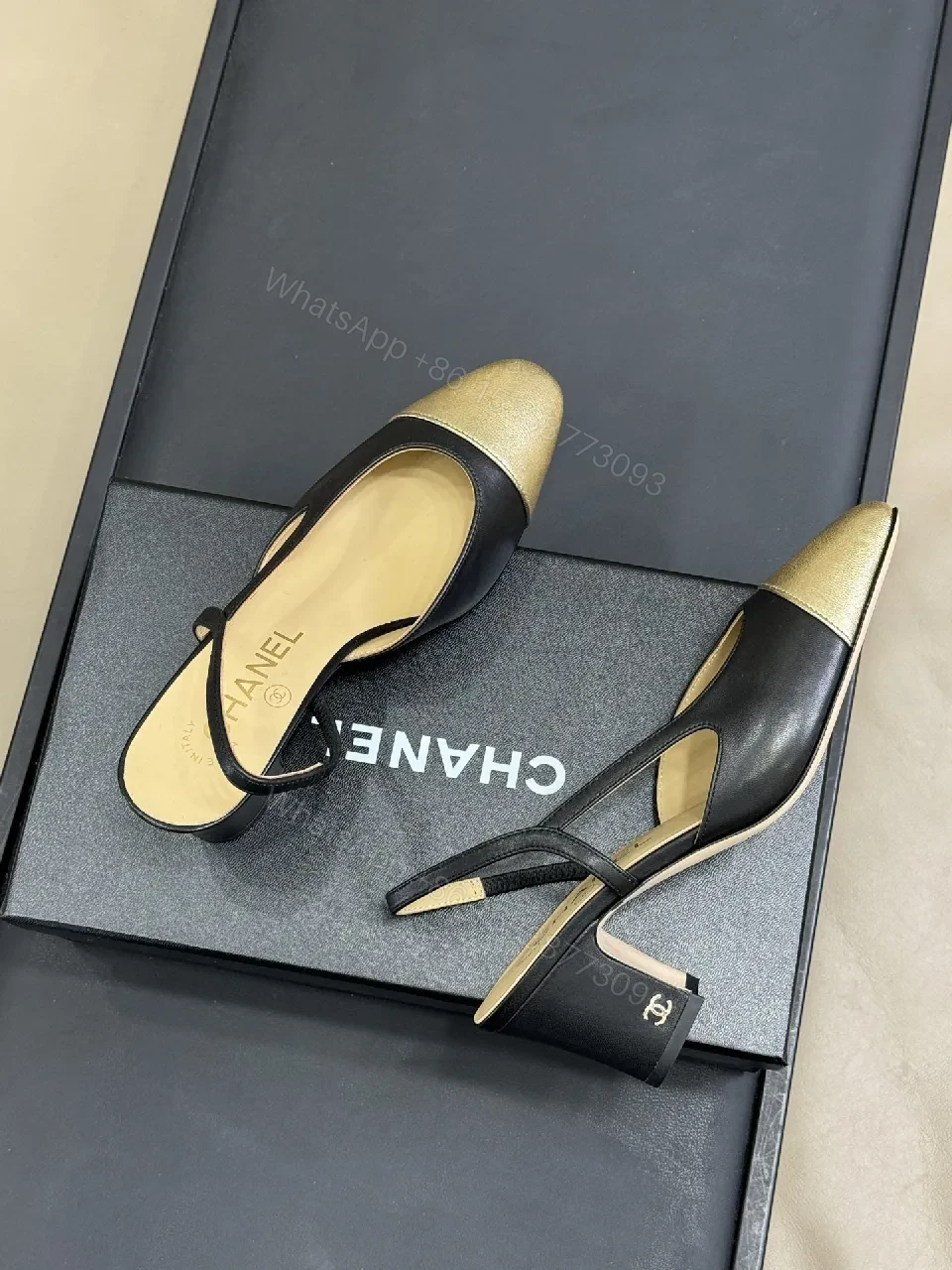View 6 of Gold-Toe Slingback Pump: Black Leather, Open-Back, All-Day Comfort