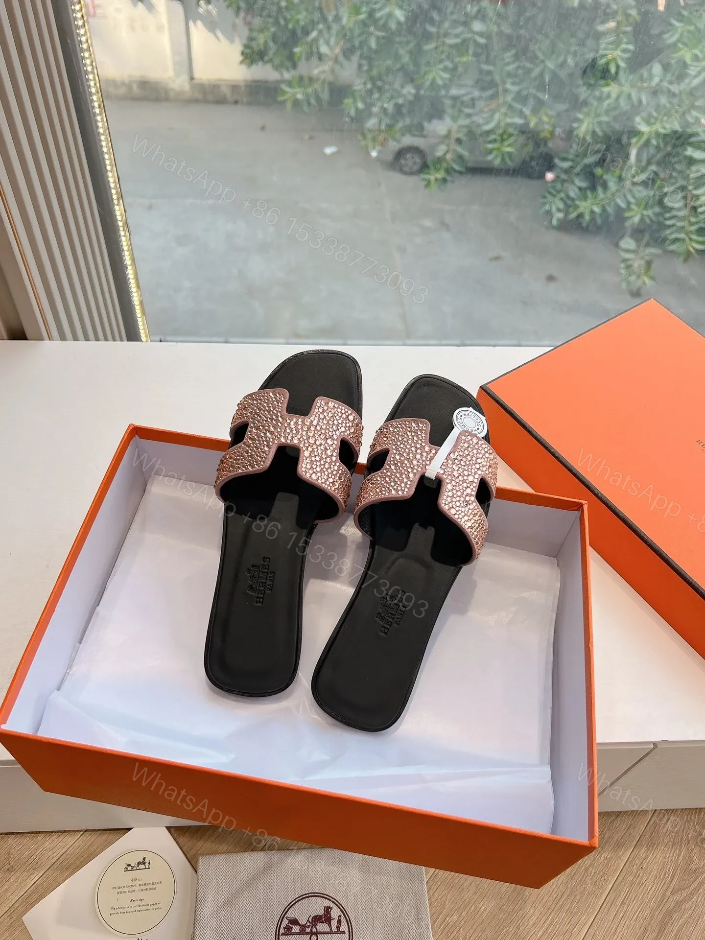 View 4 of Hermes Women Rose Gold Crystal Leather Sandals