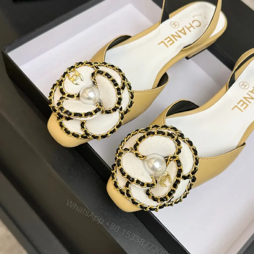 View 5 of Beige Leather Slingbacks with Pearl Embellishment – Low Heel
