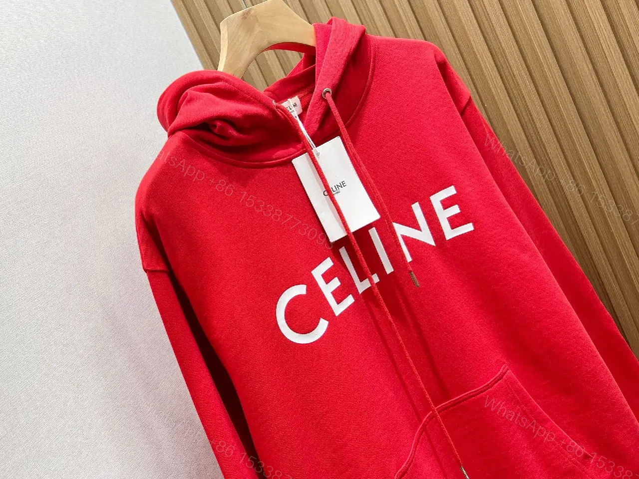 View 10 of Bold Red Hoodie with Celine-Inspired Typography