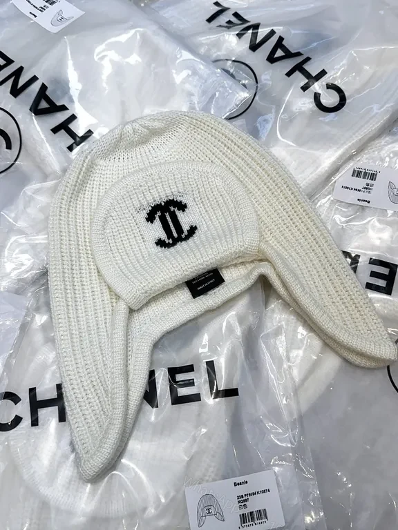 Ivory Merino Knit Ear Warmer Hat - Luxe Logo Emblem — view 1