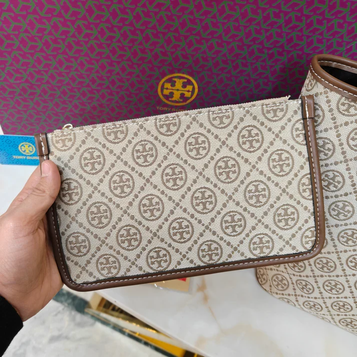 View 6 of First Copy Tory Burch T Monogram Large Zip Tote Bag Biege