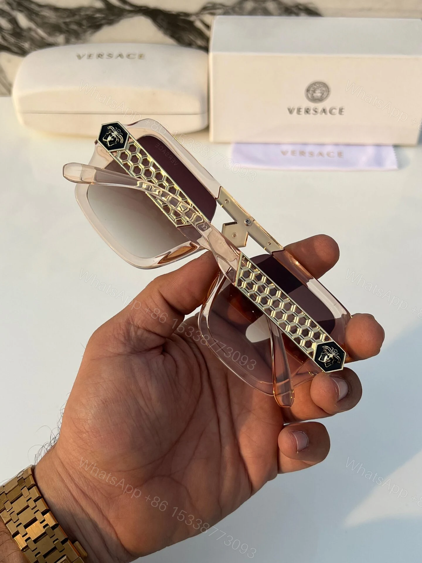 View 4 of Versace Square Beige Brown Gradient Sunglasses