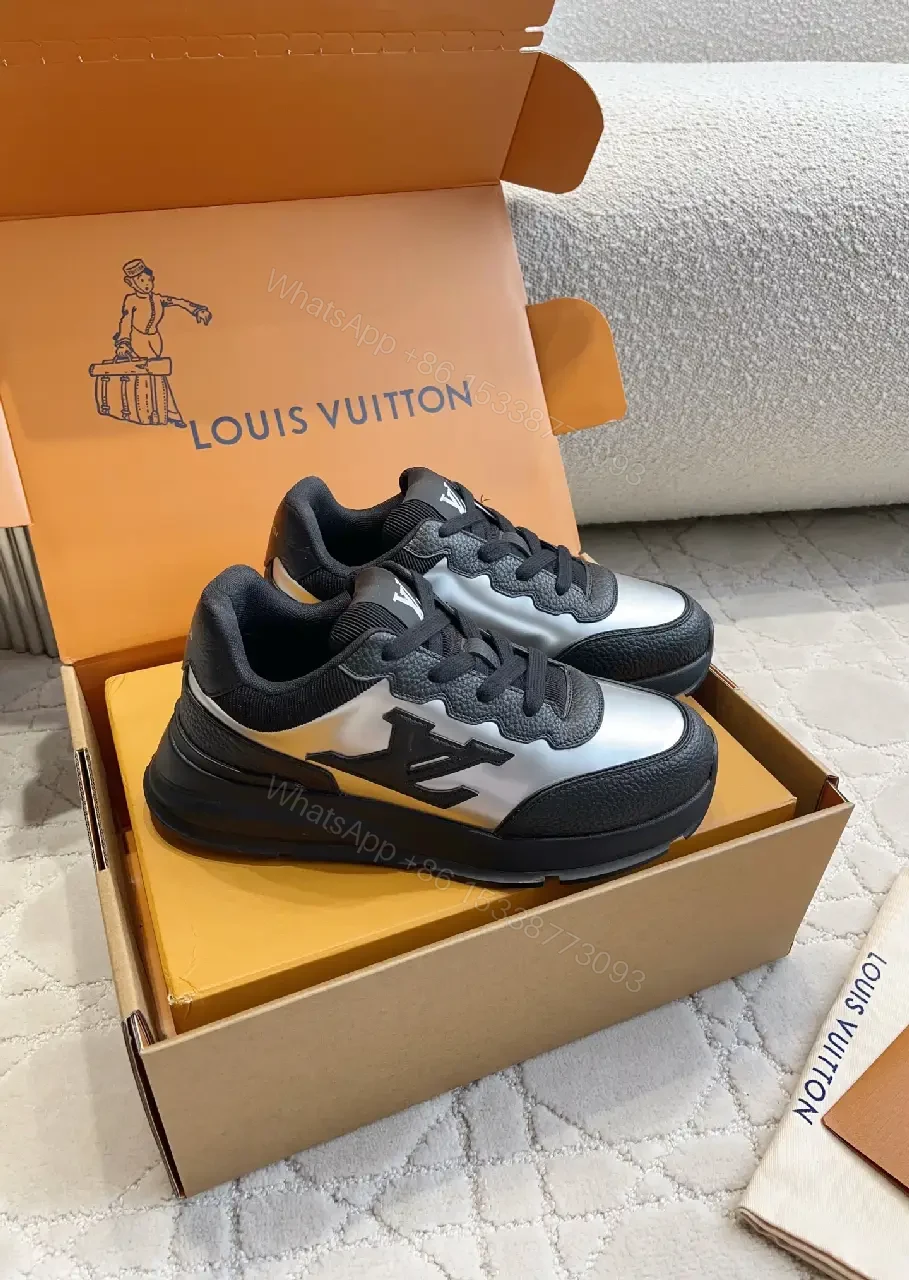 View 2 of Black Silver Leather Chunky Sneakers with LV Logo, Louis Vuitton Style