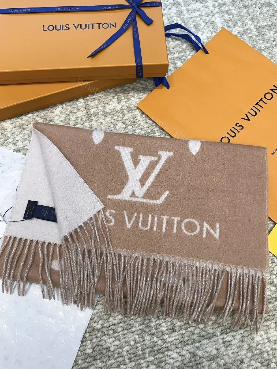 View 8 of Taupe Monogram Scarf: Soft, Luxurious, Fringed Wrap