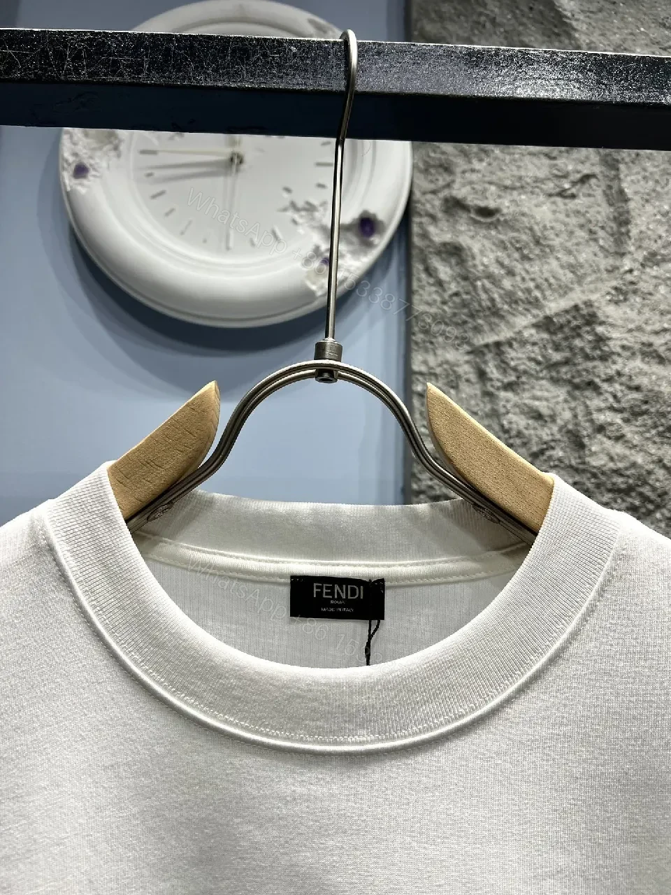 View 2 of White Cotton Tee: Bold Fendi Logo, Minimalist Luxe Crewneck