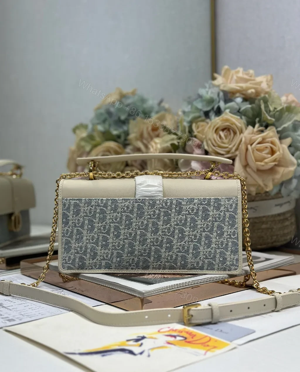 View 7 of Two-Tone Denim-Canvas Satchel with Gold Chain Bag