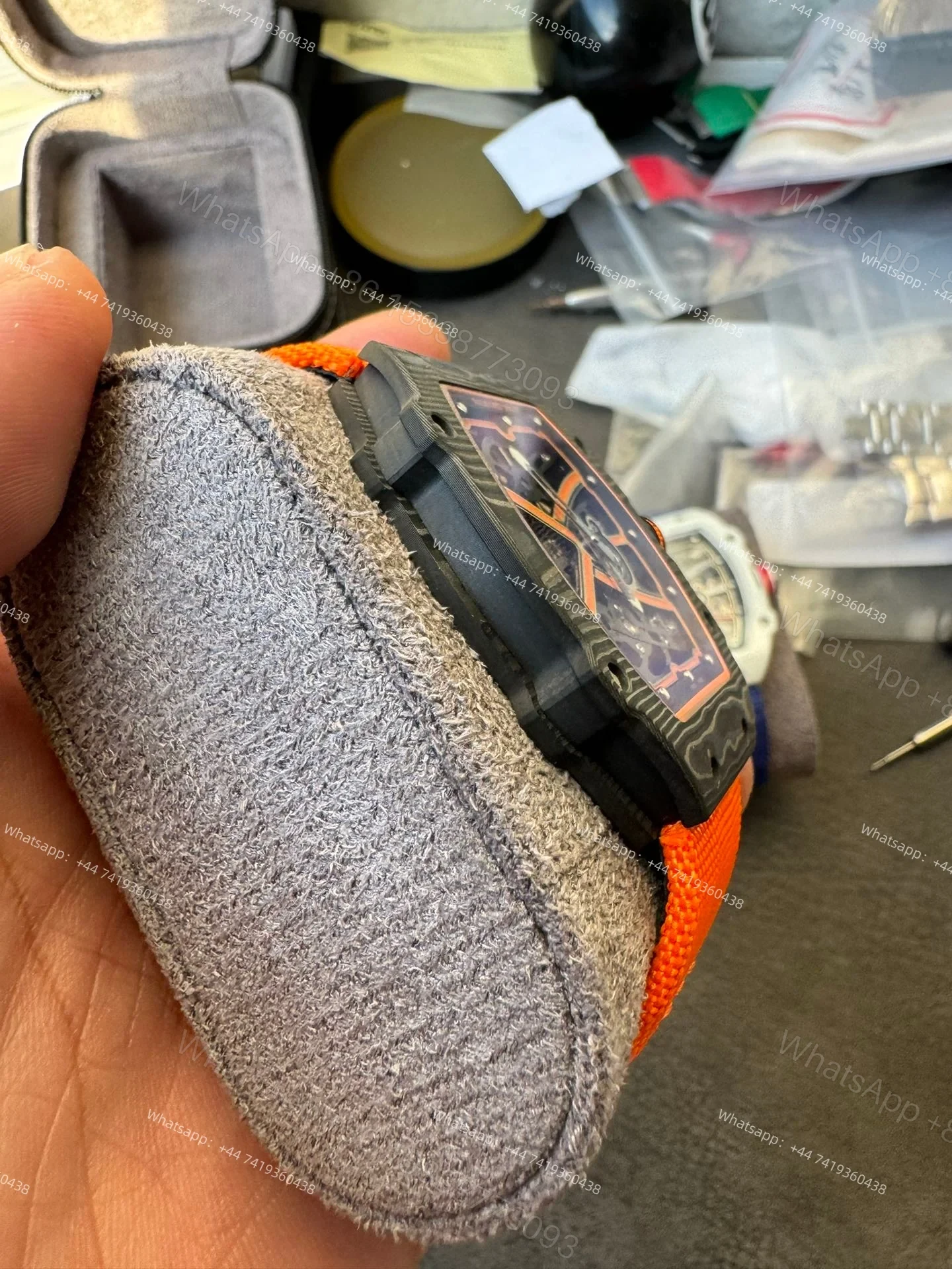 View 12 of Super Clone Richard Mille RM67-02 Carbon TPT Skeleton Tourbillon 1:1 Replica Watch with Orange Strap