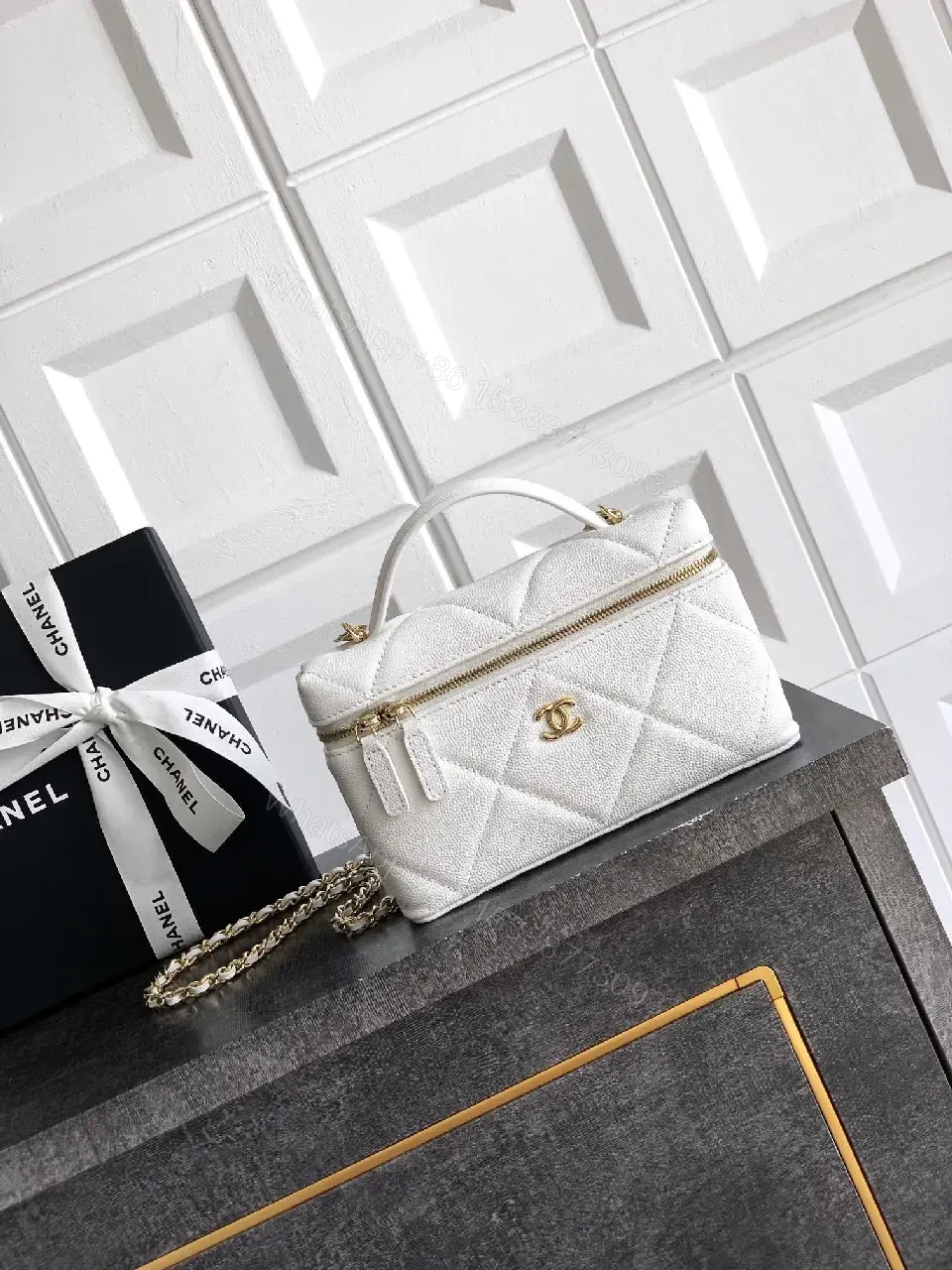 White Quilted Mini Bag with Gold Hardware, Sleek Chic Carryall — view 1
