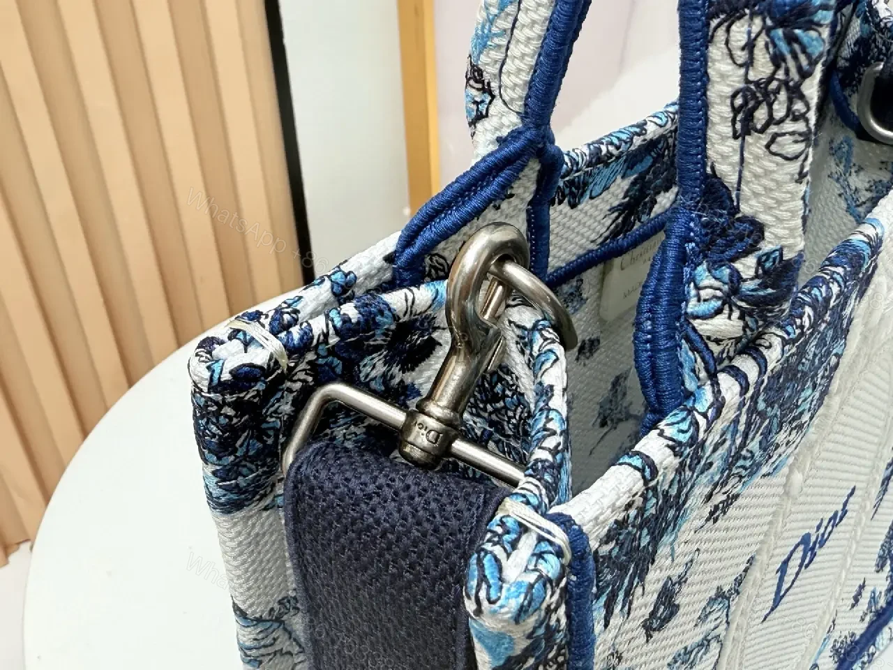 View 6 of Blue Canvas Handbag — Toile Crest Structured Crossbody Style