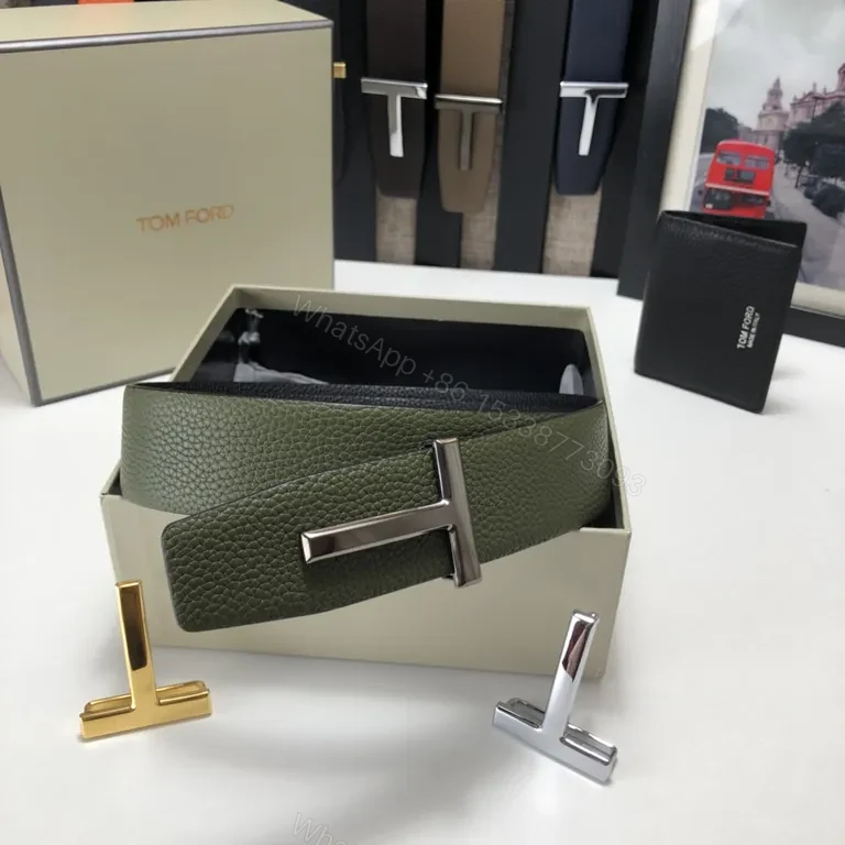 View 2 of Olive Pebbled Leather Belt â€” Bold Gold Buckle, Tom Ford