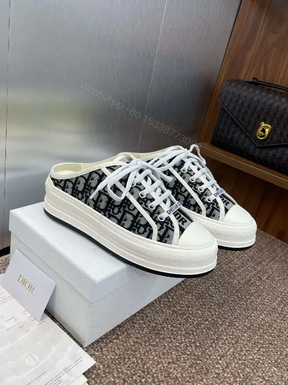 View 8 of Black & White Canvas Low-Top Sneakers, Christian Dior Style, Classic Feature