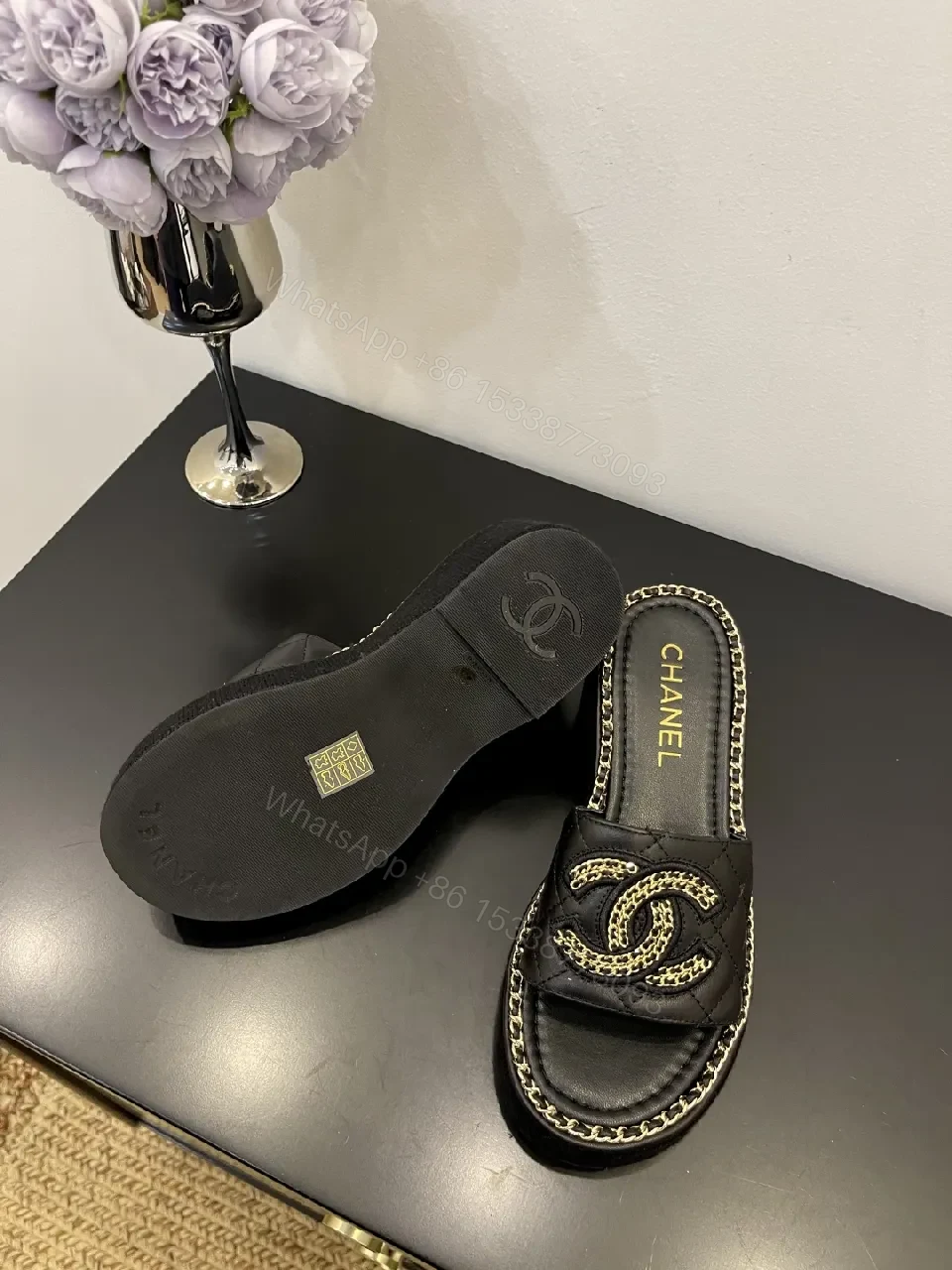 View 8 of Quilted Black Slides with Chain Trim - Couture Comfort Footwear