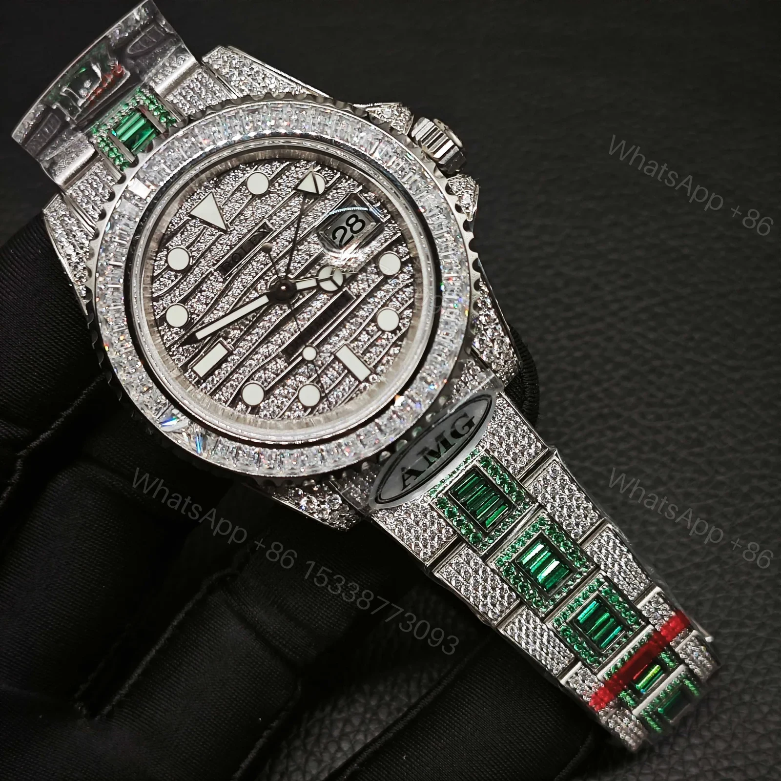 View 2 of Rolex Submariner Meteorite Diamond Replica 40MM Exclusive Green Baguette Steel Bracelet RG-ROLEX-SUB-METEORITE-GREEN-40