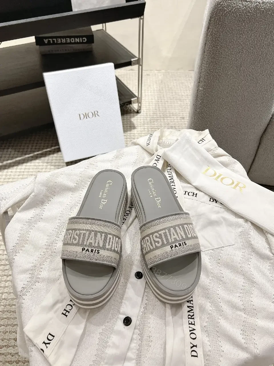 View 3 of Gray Dior Slides with Logo Strap Slippers