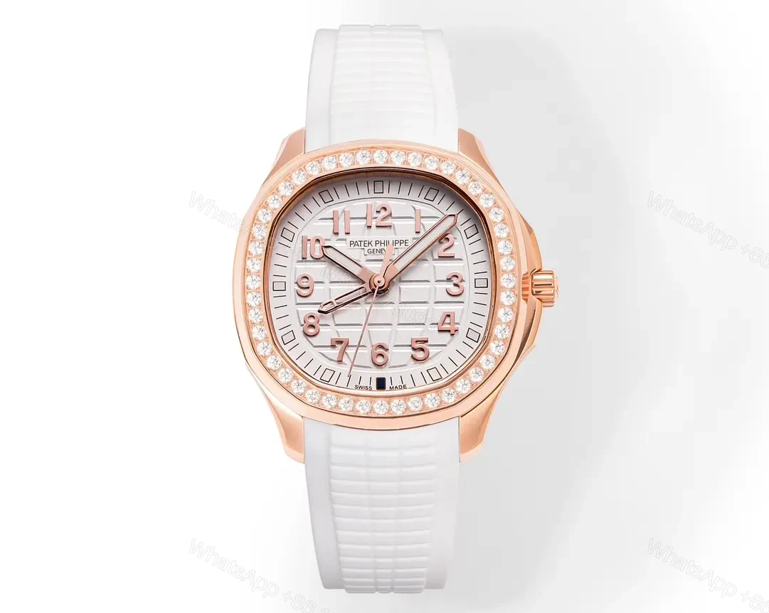 Patek Philippe Aquanaut Luce 5268 Series Watch Rose Gold with Diamond Bezel White Rubber Strap Modern Casual Elegant Style — view 1