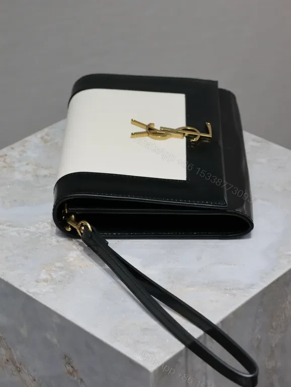 View 9 of Structured Leather Crossbody Clutch: Black/Ivory, YSL Hardware, Day-to-Night