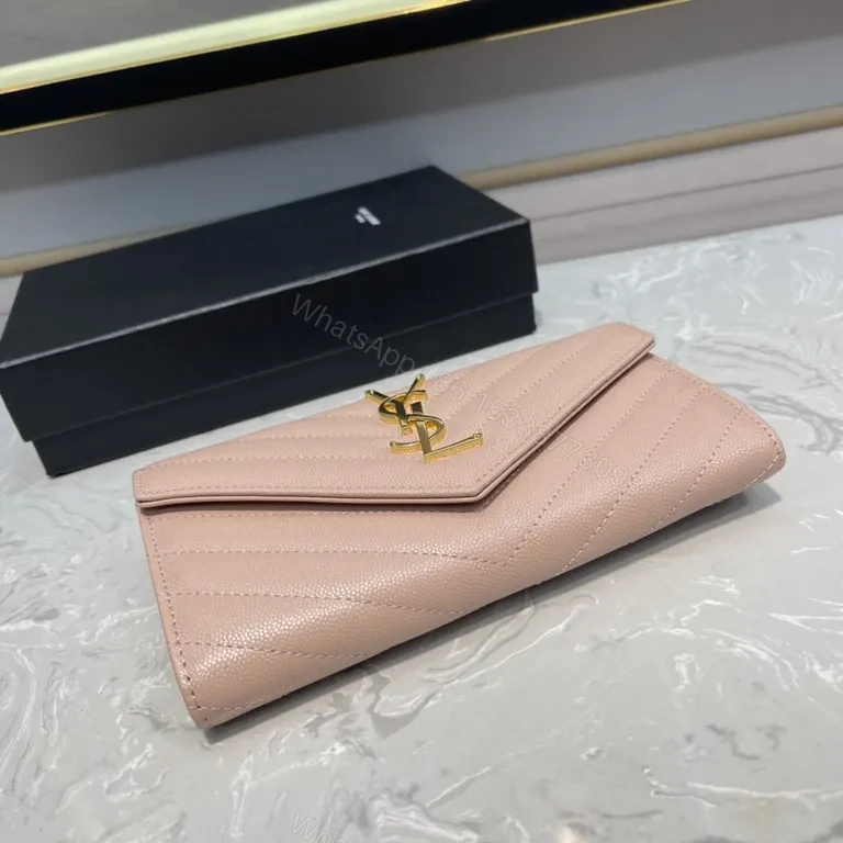 View 4 of Soft Pink Quilted Wallet with Gold YSL Logo | Compact Luxury Wallet