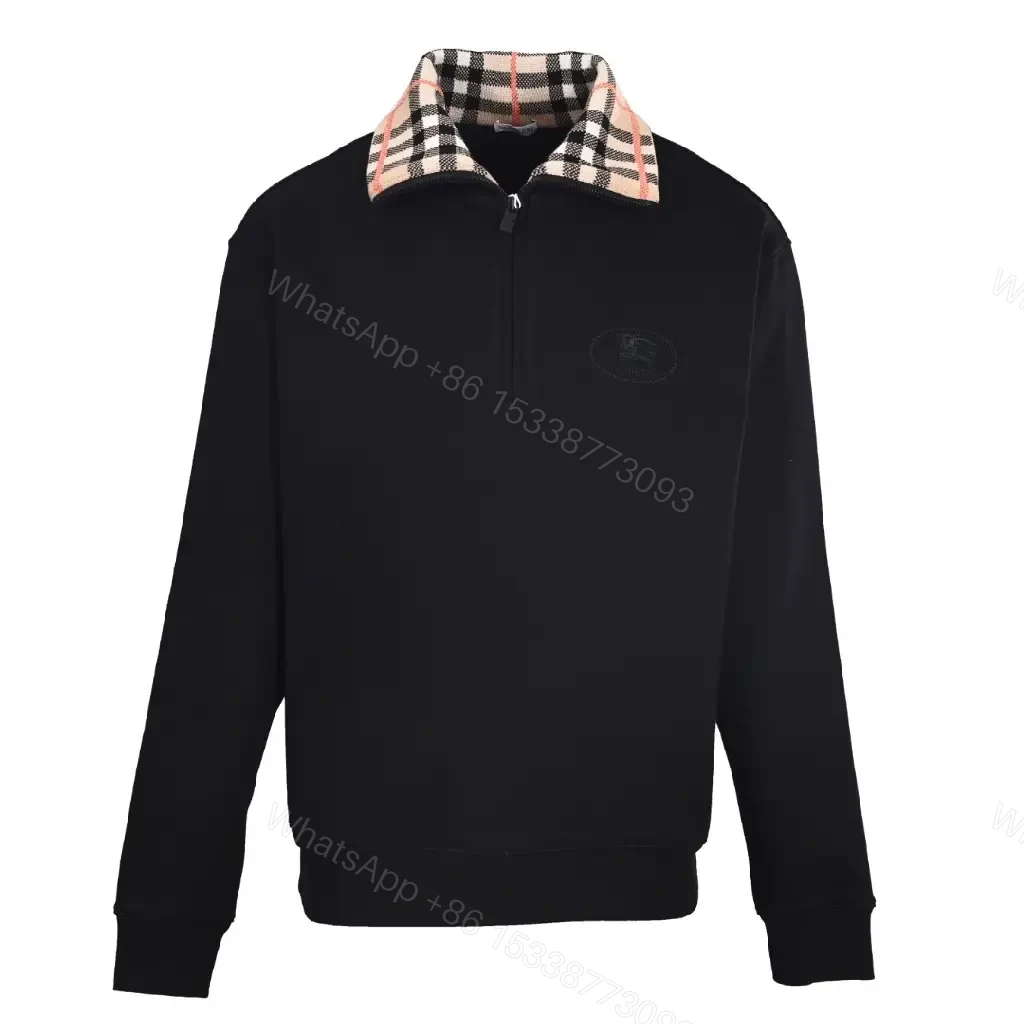 Cozy Luxe Half-Zip Sweatshirt with Check Collar, Black, Premium Fleece, Modern — view 1