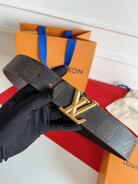 View 9 of Chic Damier-Texture Belt with LV Buckle, Luxury Leather