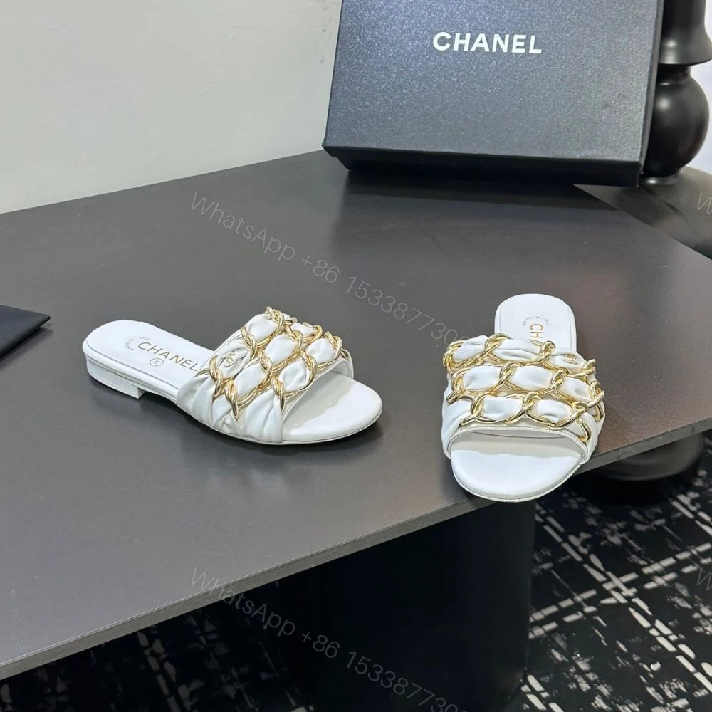 View 5 of Chanel Slide Sandals Gold Chain White
