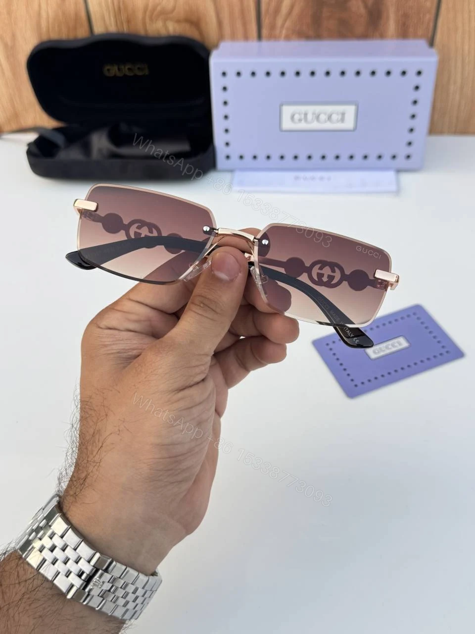 View 3 of First Copy Gucci 18327 Gold Brown Luxury Designer Sunglasses Premium UV Protection Eyewear