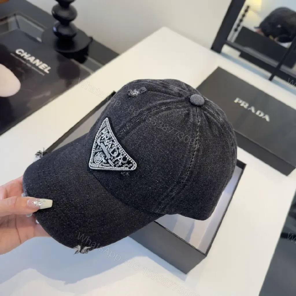 View 9 of Dark Denim Cap - Distressed, Rhinestone Prada Patch, Casual Baseball Cap