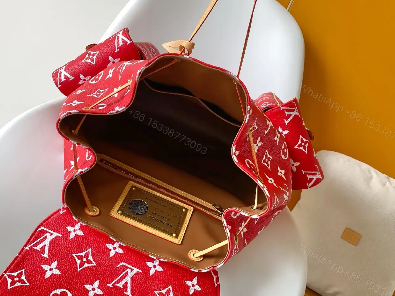 View 8 of Red Knit Luxury Backpack: Monogram Gold Hardware Backpack