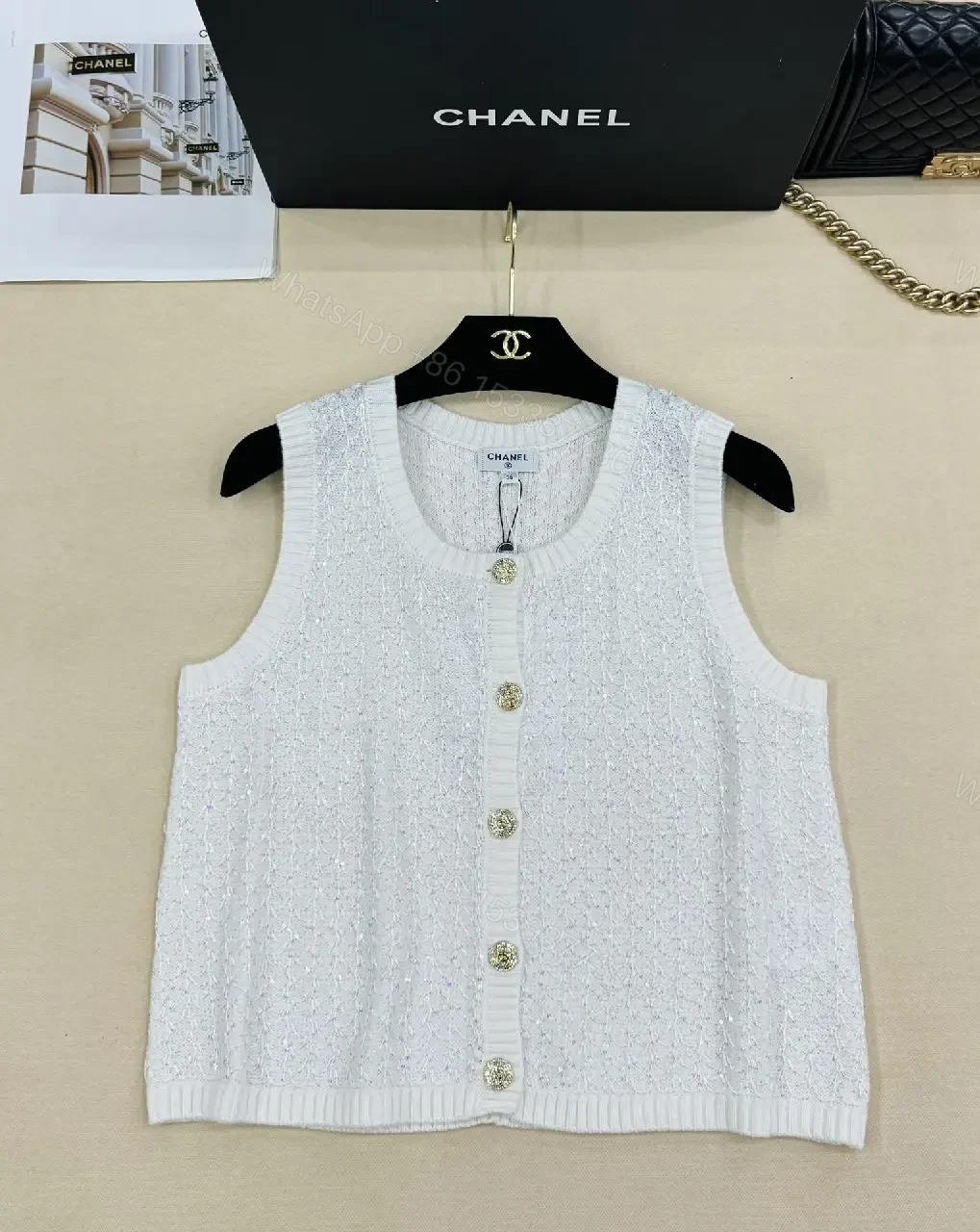 View 2 of Textured Knit Vest Set: Sparkling Buttons, Black & White