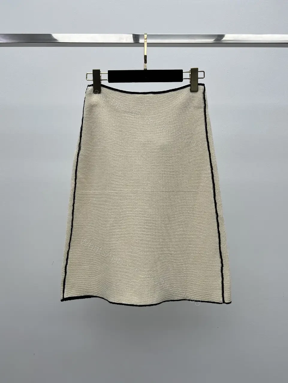 View 7 of Beige Tweed Skirt with Black Piping and Chanel Logo Slim A-Line Skirt