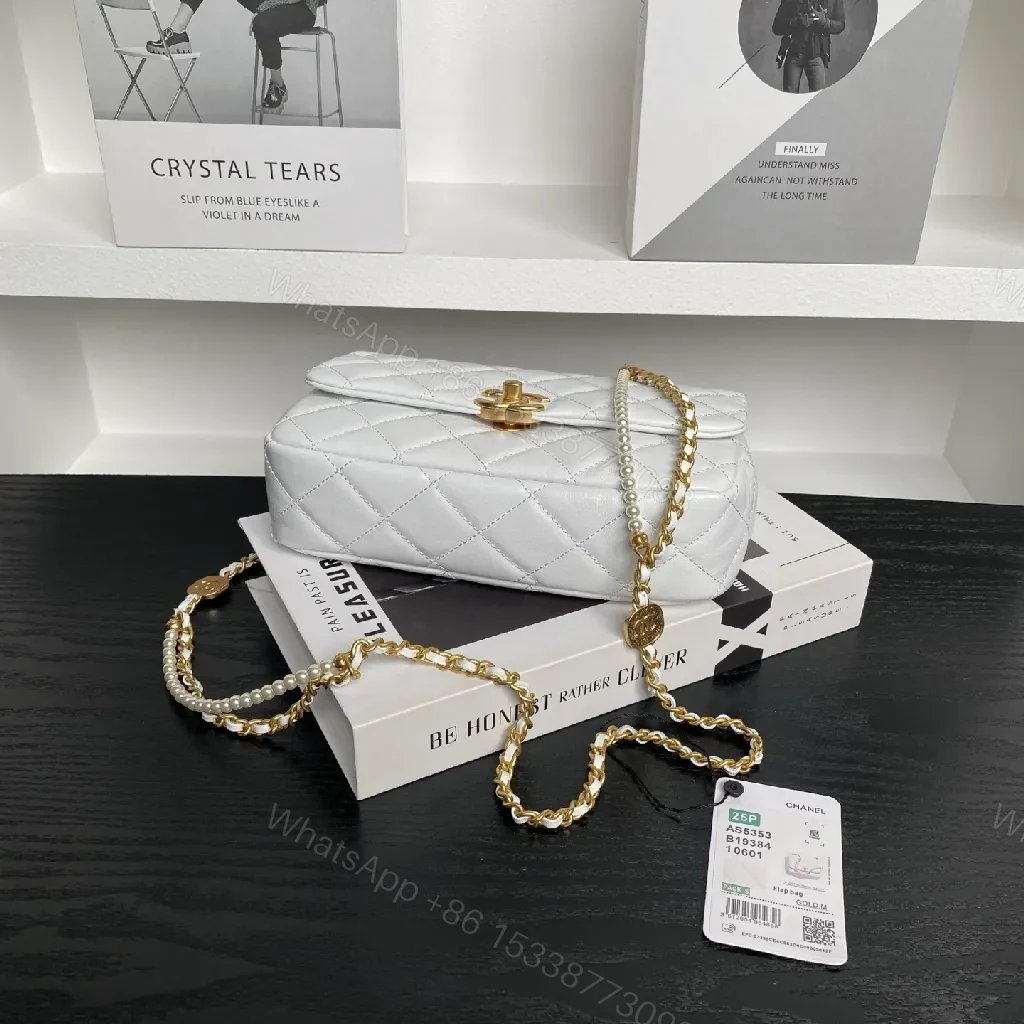 View 9 of White Quilted Mini Bag, Gold Chain, Everyday Luxury Bag