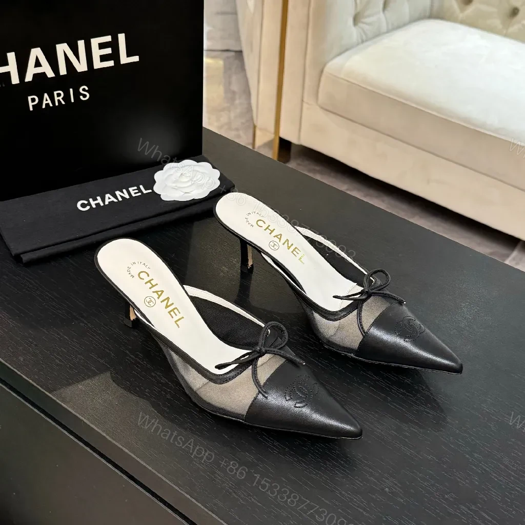 Black Leather Mesh Mules, Pointed Toe, Kitten Heel, Luxe Style — view 1