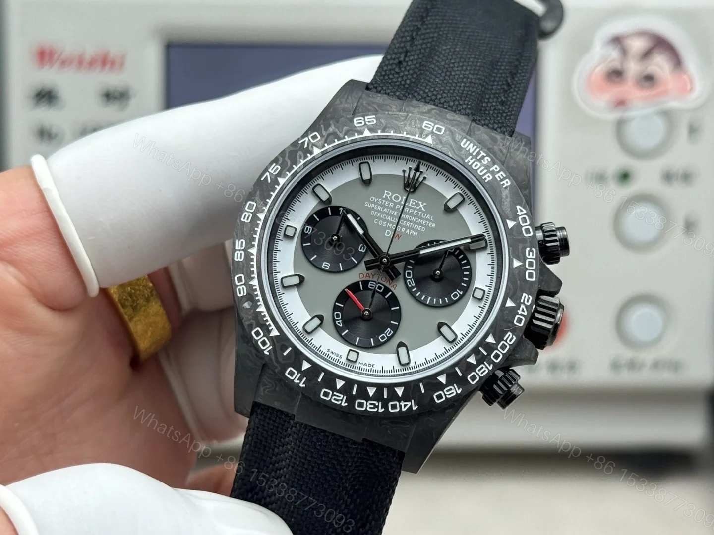 View 3 of Rolex Daytona Carbon Fiber Panda Replica 40MM Premium Black Fabric Strap R74-BLACK-WHITE