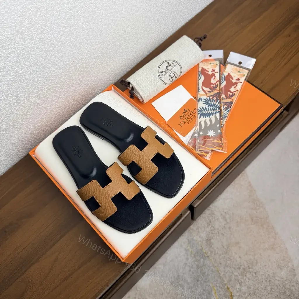 View 7 of Brown Leather Hermes-Style Sandals with Signature H Strap Slides