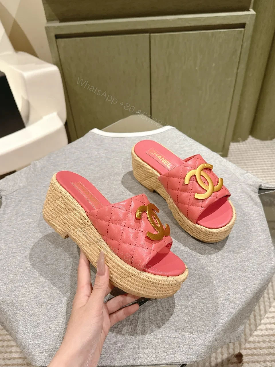 Pink Quilted Espadrille Platform Sandals with Metallic Hardware — view 1