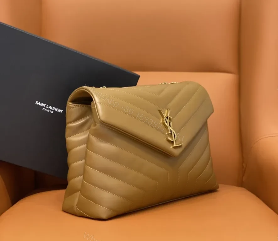 View 4 of Beige-Tan Calfskin Chevron Envelope Bag with Gold YSL Hardware