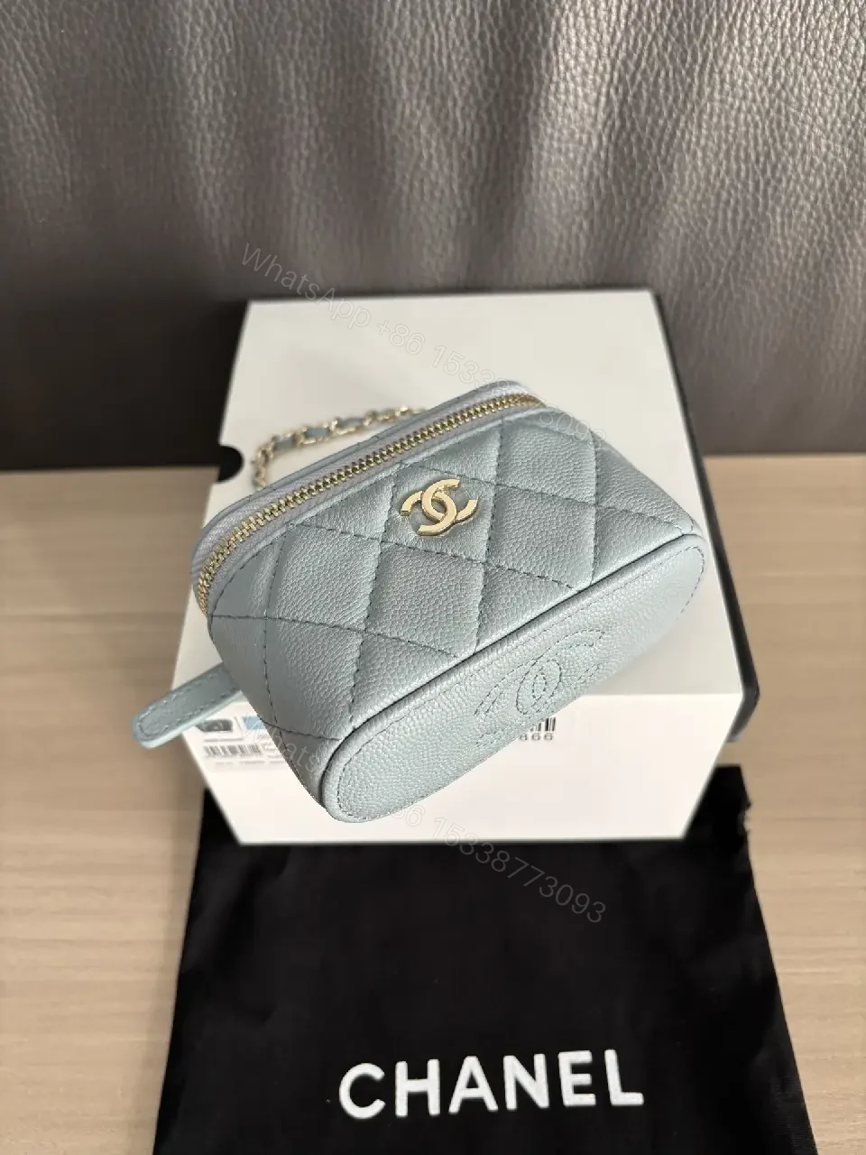 View 3 of Blue-Gray Quilted Leather Shoulder Bag with Chain Strap, Compact Luxury