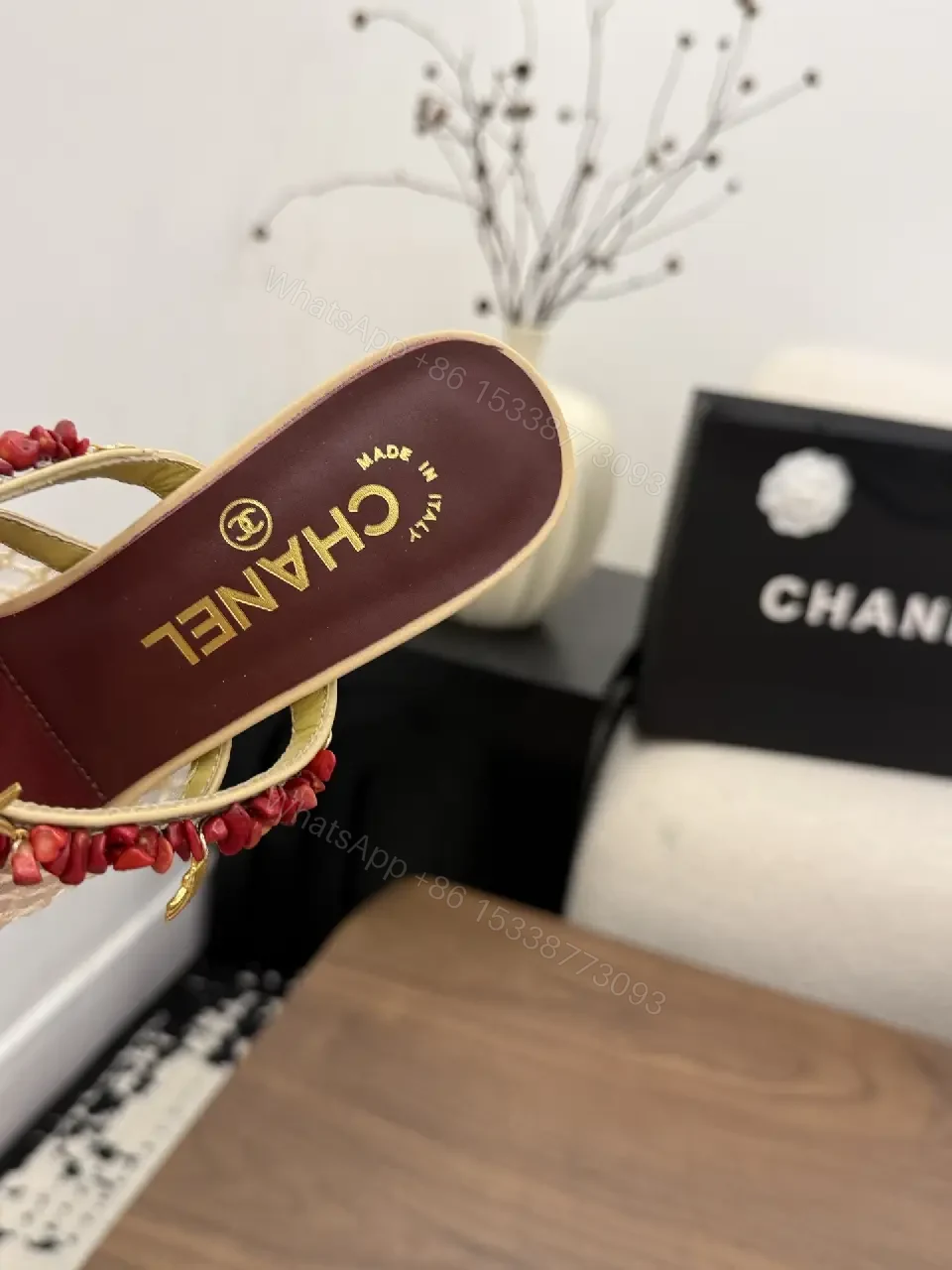 View 4 of Beige Mesh Leather Vintage Red Embellishments Chanel Heels